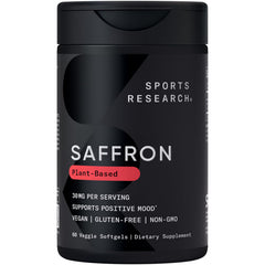Sports Research Pure Saffron Supplement bottle front showing mood support potential.