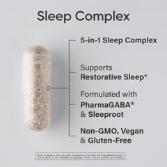 Sports Research Sleep Complex capsules close-up shows valerian, GABA, and magnesium blend for calm nights.