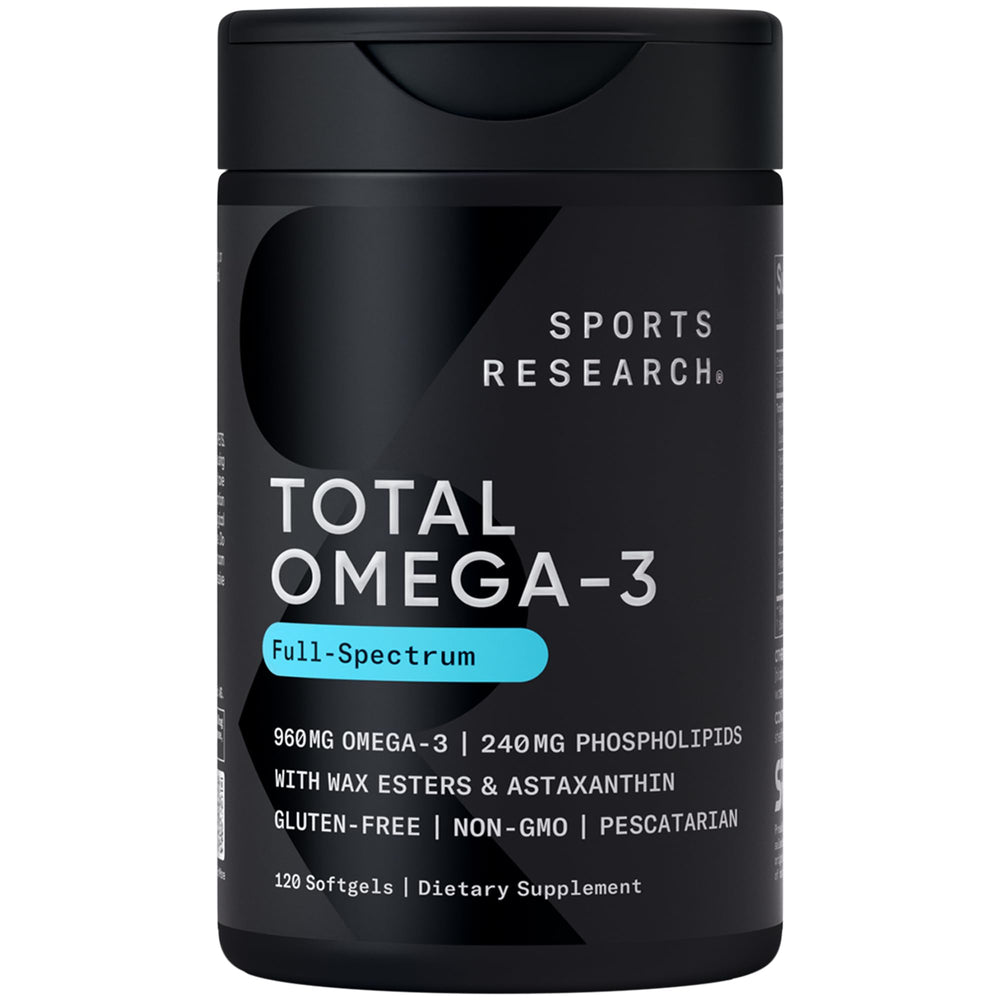 Sports Research Total Omega-3 bottle front for daily wellness with potential heart support