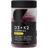 Sports Research vegan D3 K2 gummies bottle supports daily bone and immune wellness.