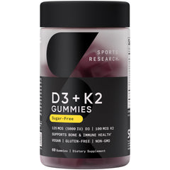 Sports Research vegan D3 K2 gummies bottle supports daily bone and immune wellness.