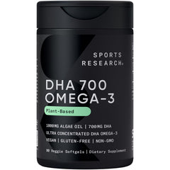 Sports Research Vegan DHA 700mg bottle front view for daily cognitive support.