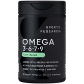 Sports Research Vegan Omega 3-6-7-9 softgel bottle on a counter supports daily wellness