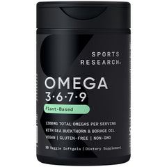 Sports Research Vegan Omega 3-6-7-9 softgel bottle on a counter supports daily wellness