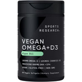 Sports Research vegan Omega-3 with D3 softgels bottle highlighting plant-based omega-3 source for daily support.