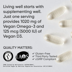 Sports Research vegan Omega-3 D3 softgels label highlighting vegan certifications for trust.