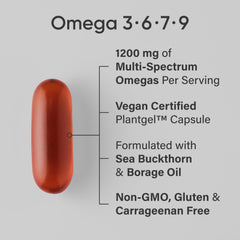 Close-up of Sports Research vegan omega softgels for easy daily supplementation