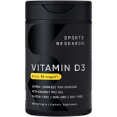 Sports Research Vitamin D3 bottle with softgels for daily bone and immune support.