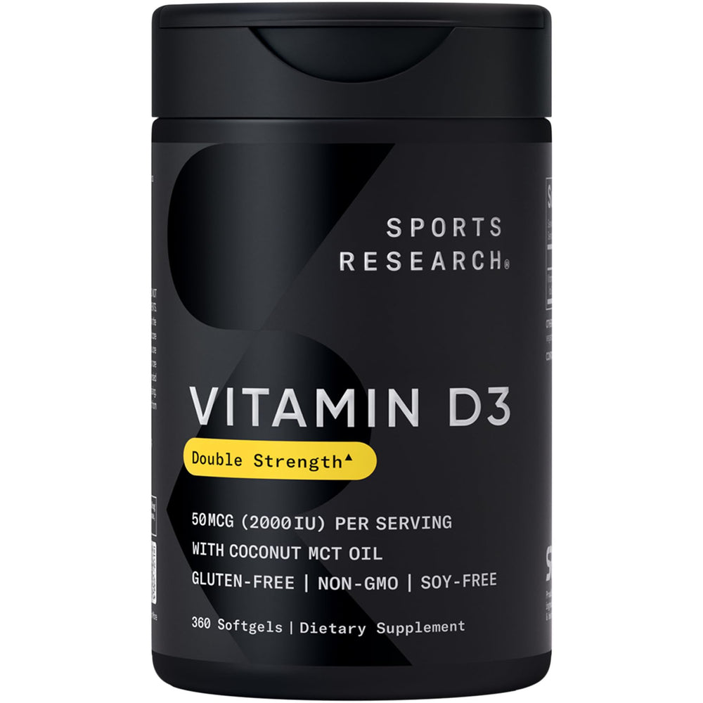 Sports Research Vitamin D3 bottle showing 360 mini softgels for daily immune and bone support.