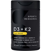 Sports Research Vitamin D3 K2 softgels bottle label highlighting vegan formula and bone support
