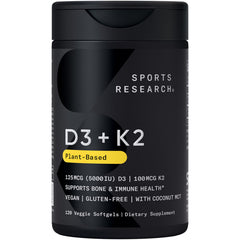 Sports Research Vitamin D3 K2 softgels bottle label highlighting vegan formula and bone support