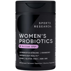 Sports Research Women's Probiotics bottle front showing 65 billion CFU for gut support.