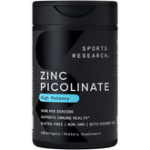 Sports Research Zinc Picolinate bottle pour showing 50mg dose for daily wellness support.