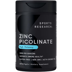 Sports Research Zinc Picolinate bottle pour showing 50mg dose for daily wellness support.
