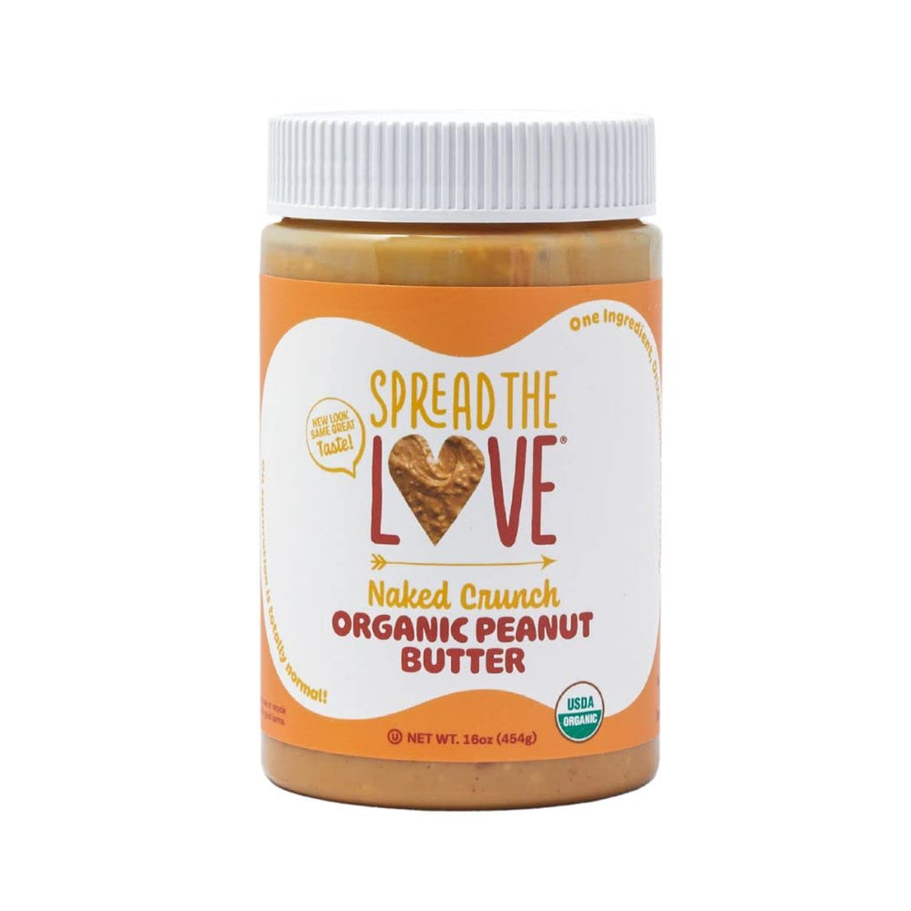 Spread The Love Naked Crunch peanut butter jar—creamy, organic, unsalted for vegan breakfasts.