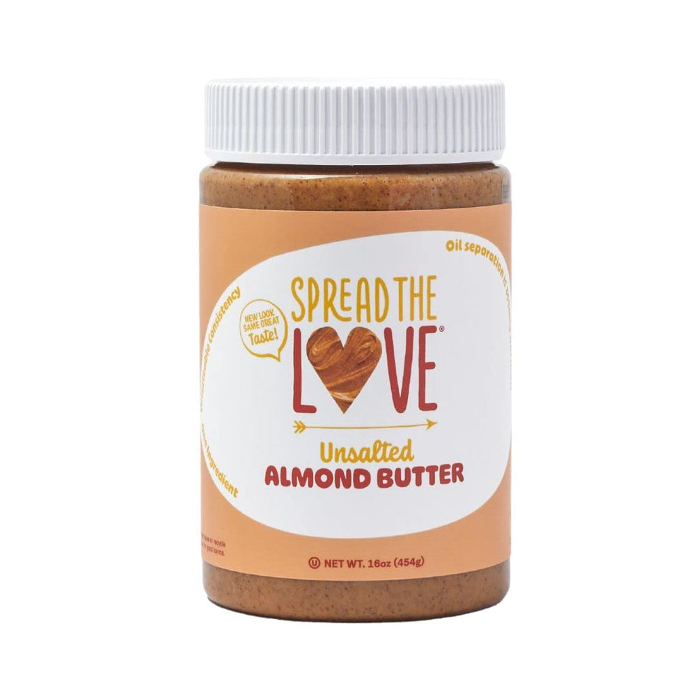 Spread The Love unsalted almond butter jar shows creamy texture for easy spreading.