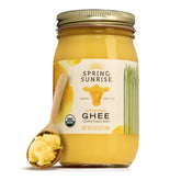 Spring Sunrise ghee bottle with rich golden color, ideal for high-heat cooking
