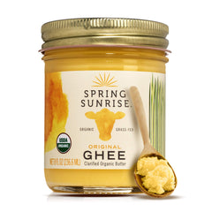 Spring Sunrise grass-fed ghee jar front view for high-heat cooking.