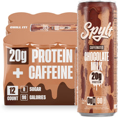 Spylt bottle pour shows caffeinated protein for workouts.