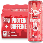 Spylt high-protein strawberry milk bottle on table, protein-packed refreshment.