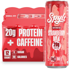 Spylt high-protein strawberry milk bottle on table, protein-packed refreshment.