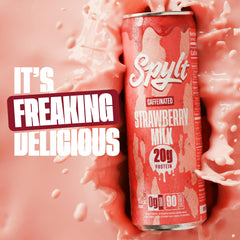 Spylt strawberry milk pours into glass, ready-to-drink convenience portrayed.