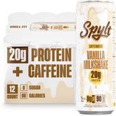 Spylt high-protein vanilla milkshake bottle ready to enjoy with caffeine lift.