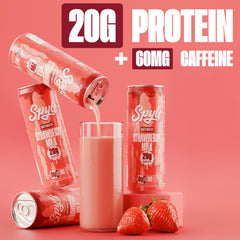 Spylt nutrition label on bottle highlights 20g protein and caffeine.
