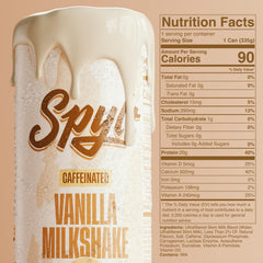 Spylt vanilla milkshake pour into glass reveals creamy texture and caffeine boost.