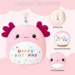 SQEQE Axolotl plush close-up shows embroidered HAPPY BIRTHDAY on belly