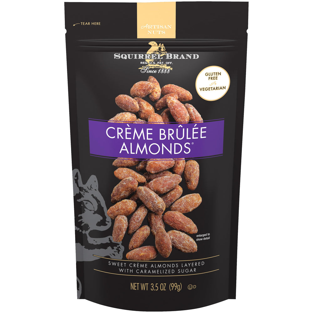 Squirrel Brand Crème Brulee Almonds bag front with premium packaging and indulgent flavor cues.