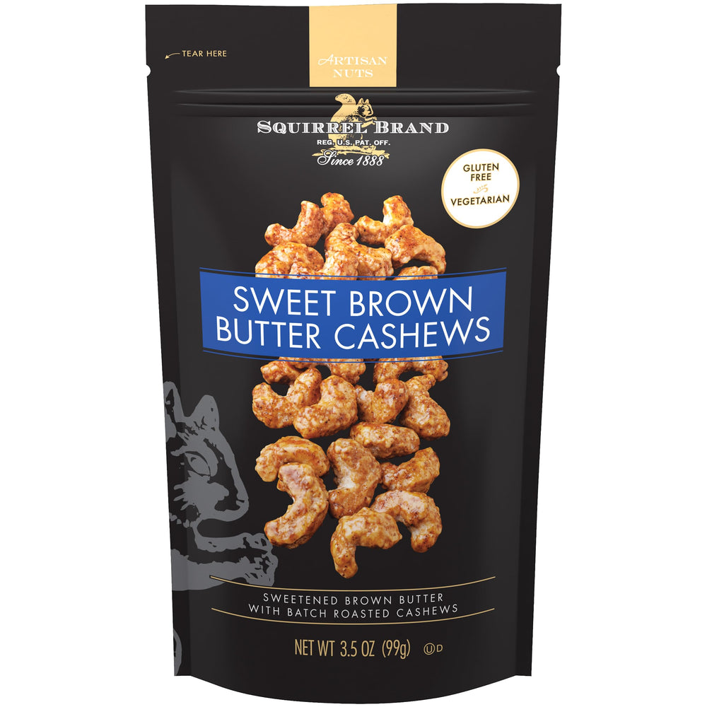 Squirrel Brand Sweet Brown Butter Cashews in a resealable bag for on-the-go snacking.