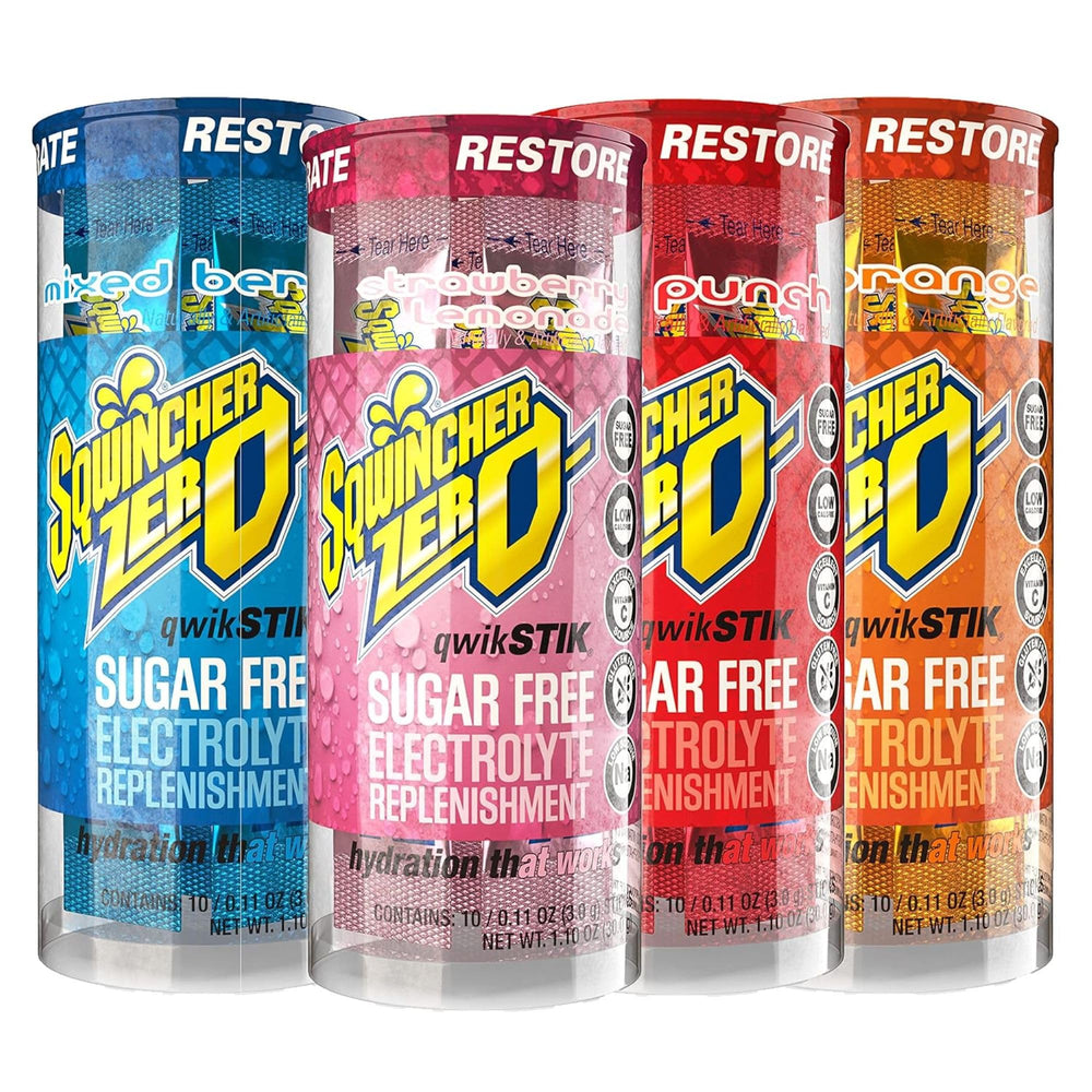 Sqwincher Zero Qwik Stik mixed berry packet supports on-the-go hydration.
