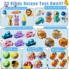 SQZUWIT pull-back cars are among the toys inside eggs for action play.