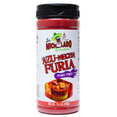 Sr. Michelado Azu-Mecha FURIA seasoning bottle closeup for bold flavor.