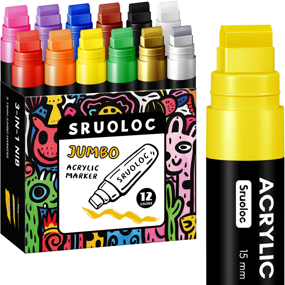 SRUOLOC 12-colors jumbo markers pack for bold acrylic art on rocks and canvas.