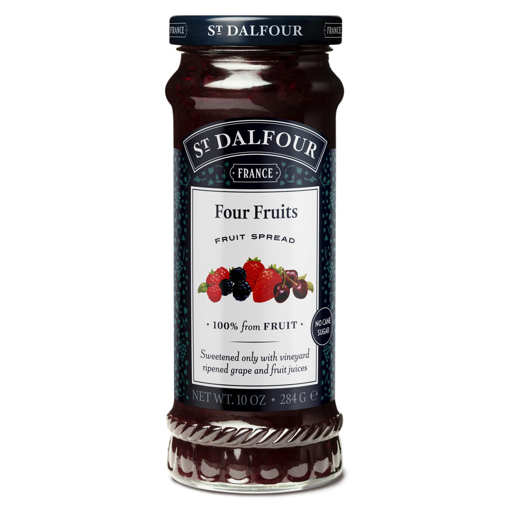 St. Dalfour Four Fruits Spread bottle pour with rich color and smooth texture.
