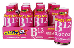 Stacker 2 Pink Lemonade energy shot bottle on desk for quick focus