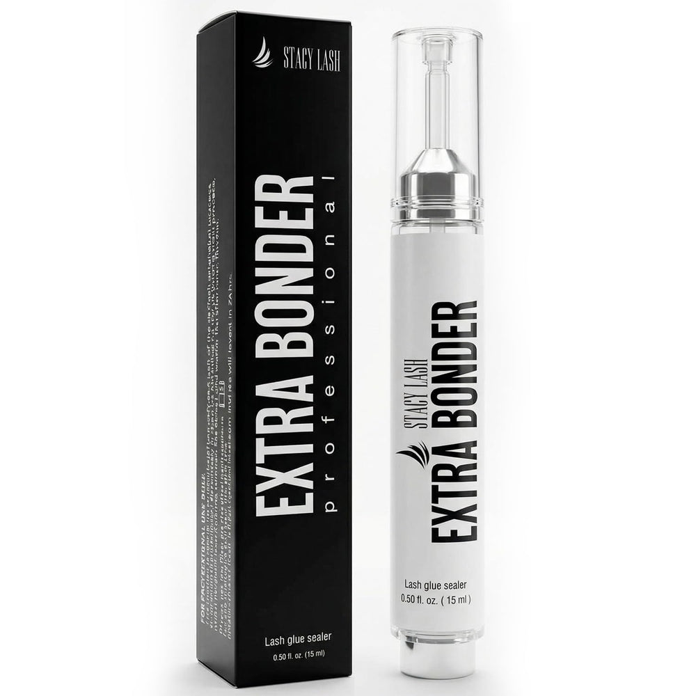 Stacy Lash Bonder bottle close-up showing precise bonding for lash extensions
