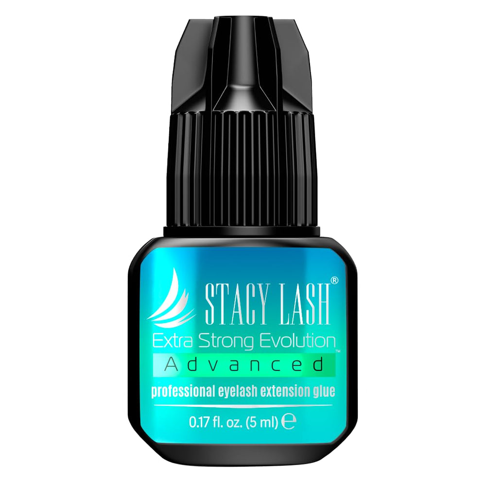 STACY LASH Extra Strong Evolution bottle close-up shows high-bond black adhesive for salon use.