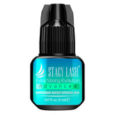 STACY LASH Extra Strong Evolution bottle close-up shows high-bond black adhesive for salon use.