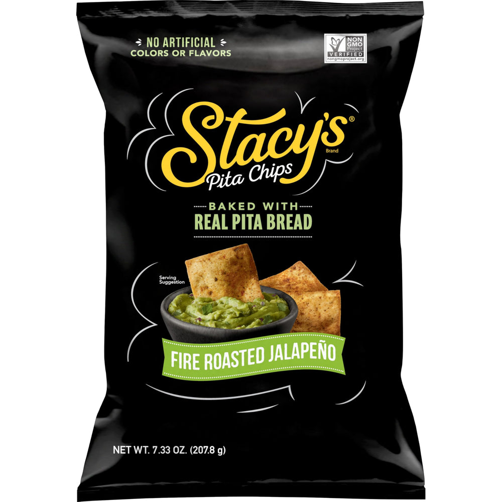 Stacy’s Fire Roasted Jalapeño pita chips bag front shows bold flavor and crisp texture.