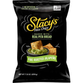 Stacy’s Fire Roasted Jalapeño pita chips bag front shows bold flavor and crisp texture.