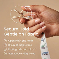 Stadela pacifier clip mallards beige green design attaches to clothing securely.