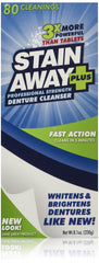 Stain Away Plus Denture Cleanser bottle enables fast cleaning for brighter dentures.
