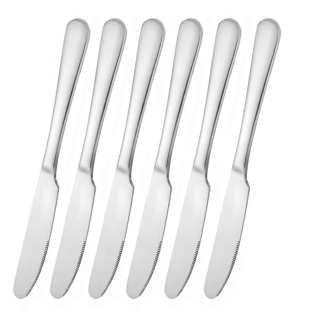 Stainless steel butter knife set 6 on table for everyday dining.