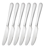 Stainless steel butter knife set 6 on table for everyday dining.