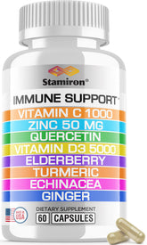 Stamiron 8-in-1 immune bottle front highlights vitamin D3 and C for daily support