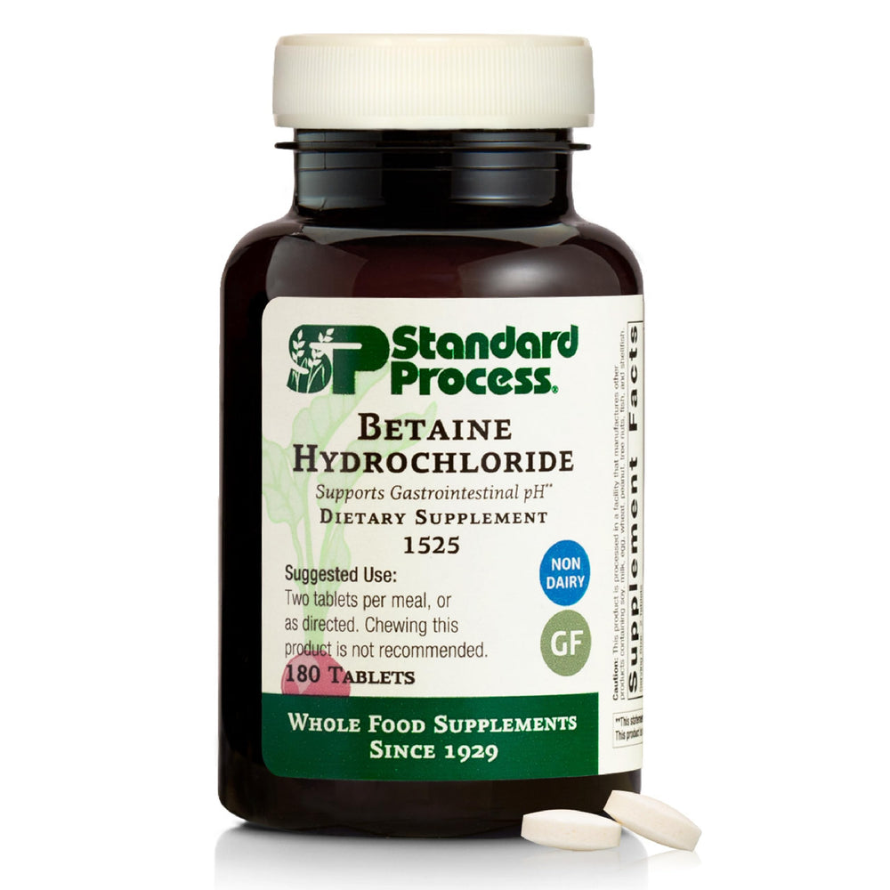 Standard Process Betaine Hydrochloride bottle front showing digestive support potential