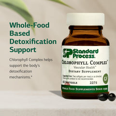 Standard Process Chlorophyll Complex softgels close-up showing compact capsules.